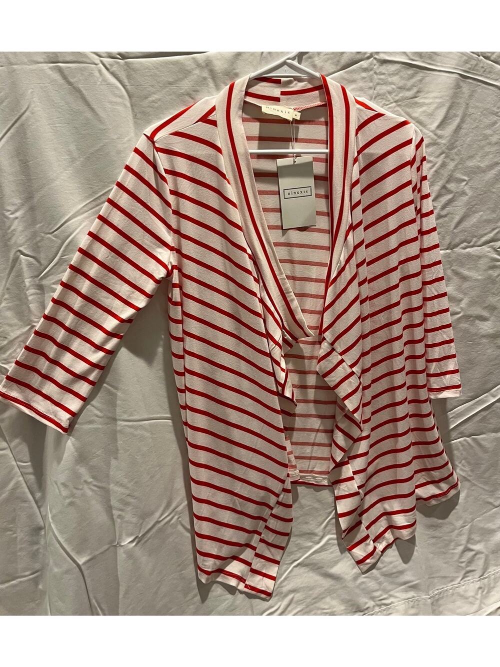 Ninexis Open Front 3/4 Sleeve Cardigan red/white stripe Medium Valentine's Day